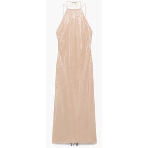 Mango Nude Sequin Halter Midi Dress Tie Back Side Slit Size L 423ANGEL